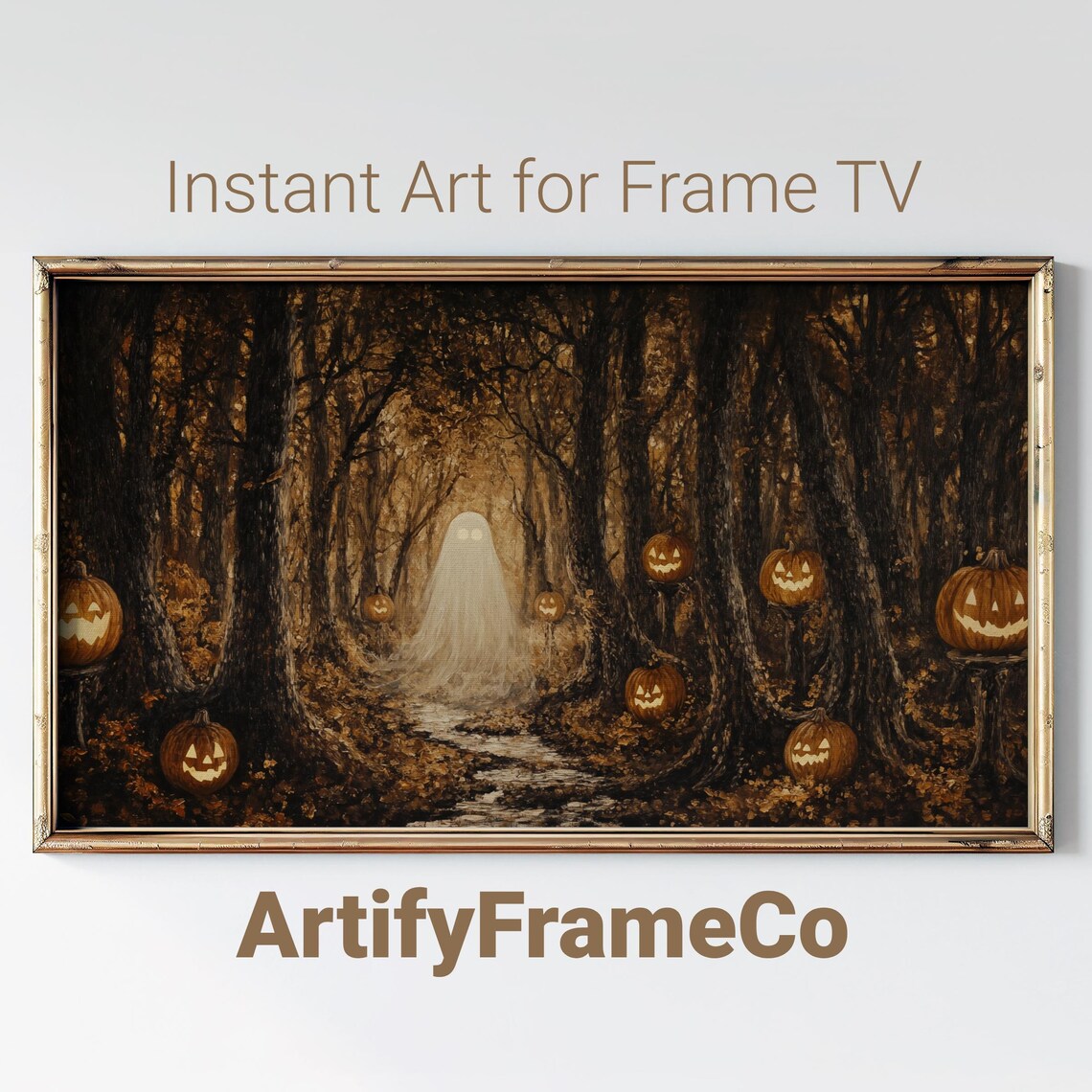 Dark Forest Tunnel Ghost Pathway Glowing Jack O Lanterns Halloween Poster