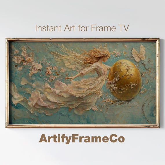 Easter Frame Tv Art Renaissance Angel Golden Egg Textured Vintage Pastel Frame Tv Art Moody Antique Neutral Screensaver Tv0104