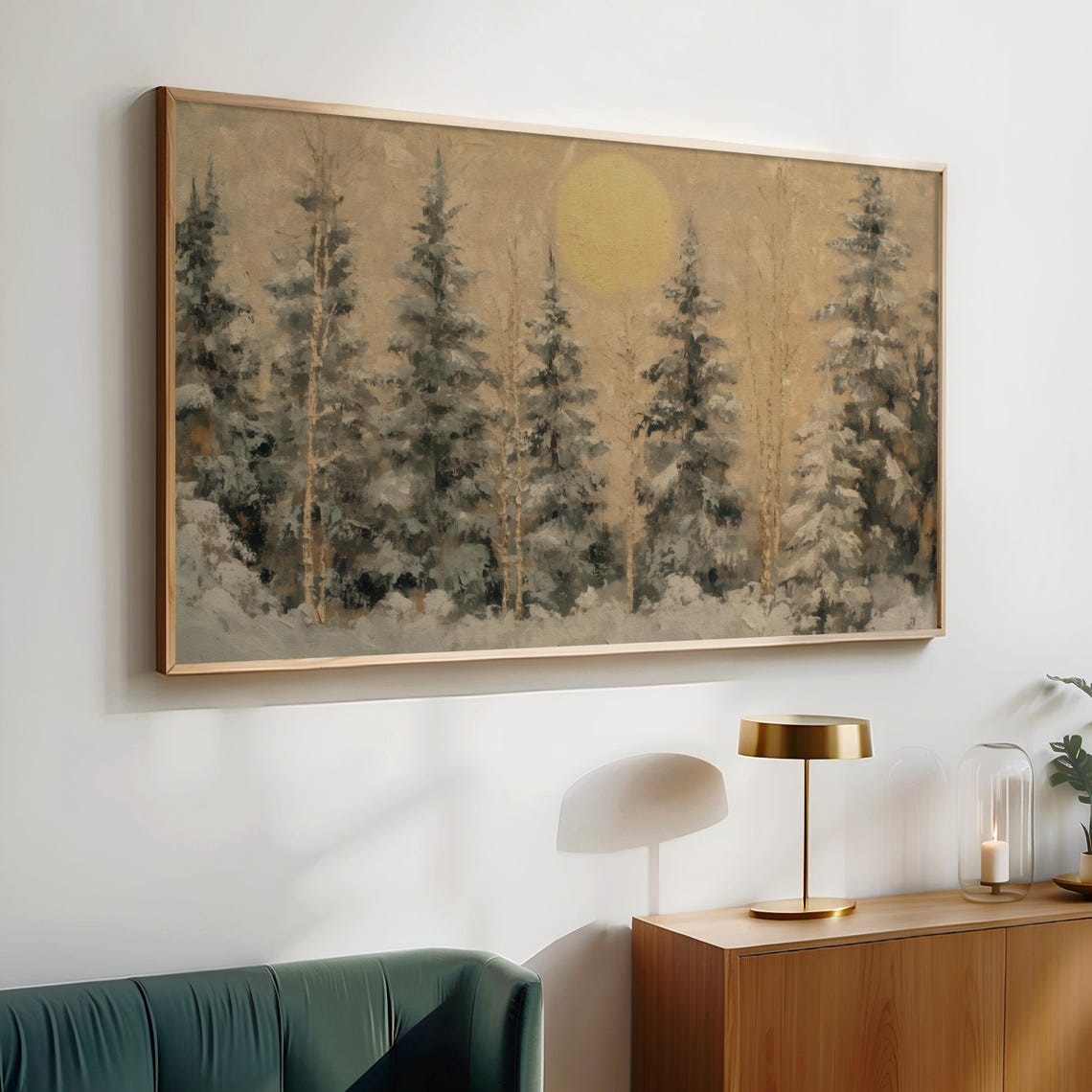 Golden Moon Winter Pines Snowy Forest Oil Painting Style Poster - Image 2