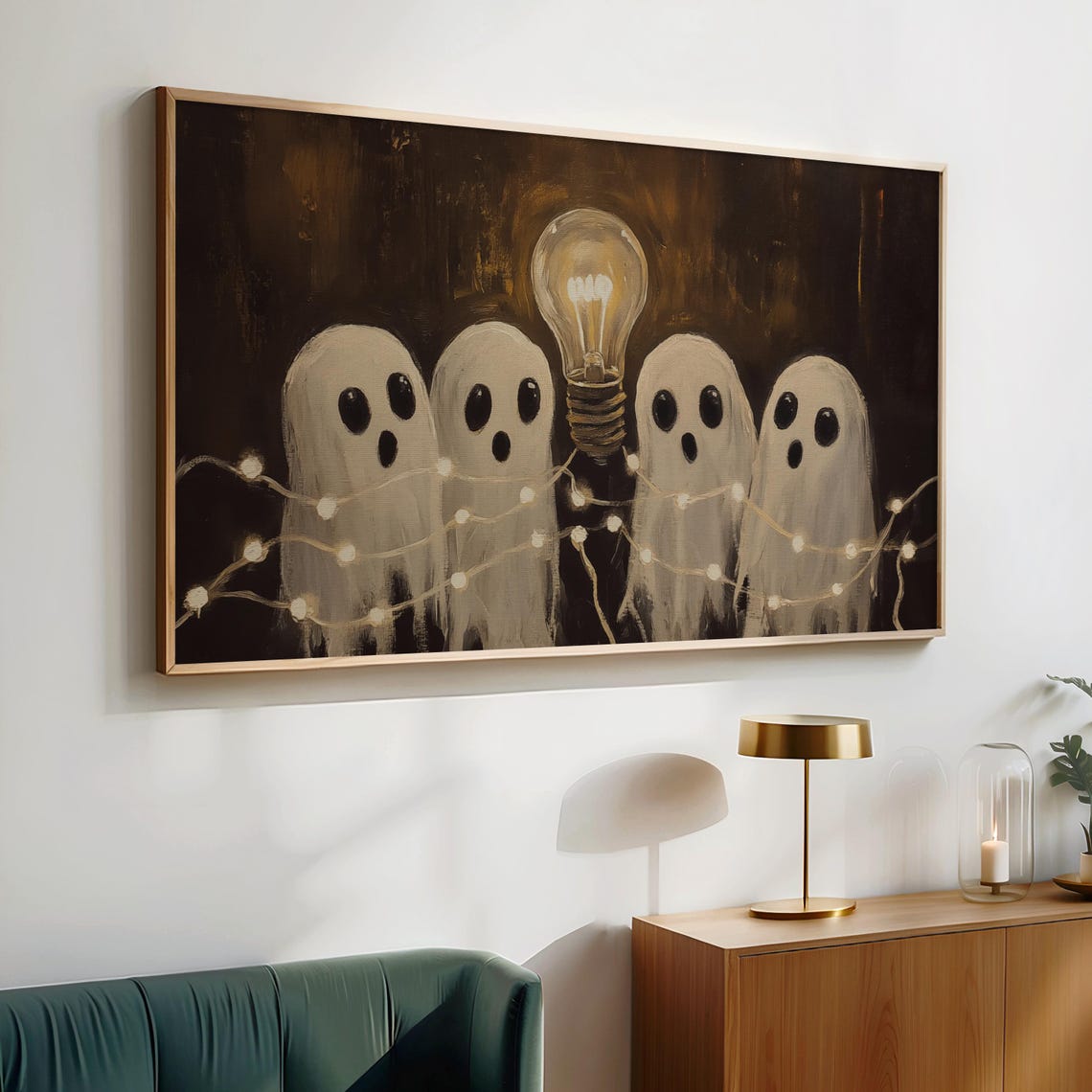 Cheerful Ghosts With Fairy Lights Halloween Frame Tv Art Cute Spooky Decor Scene Frame Tv Art Whimsical Wall Art - Image 4