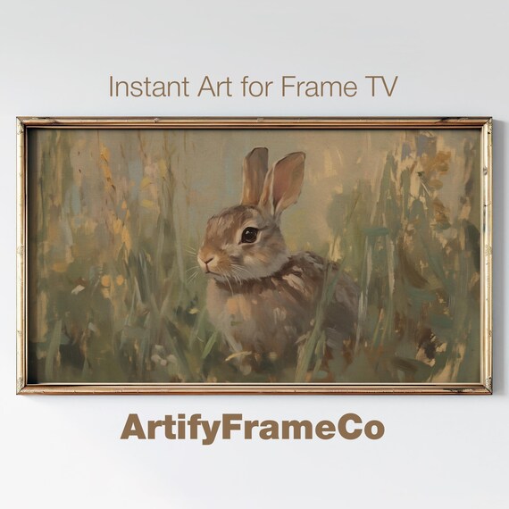 Brown Bunny Rabbit In Tall Wildflowers Soft Neutral Oil Painting Art Print