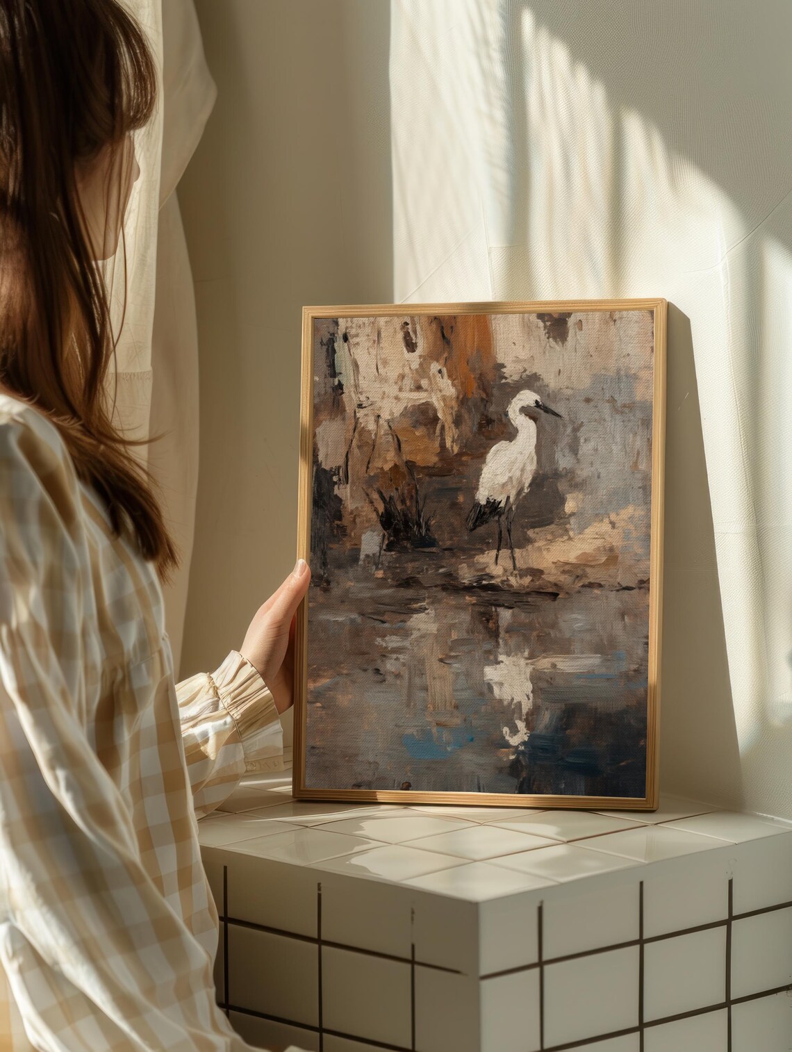 White Egret Wading Abstract Marsh Painting Earthy Tones Art Poster - Image 2