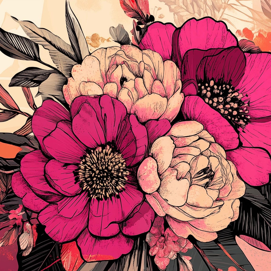 Magenta Anemone Peony Bold Botanical Floral Illustration Art Poster - Image 4