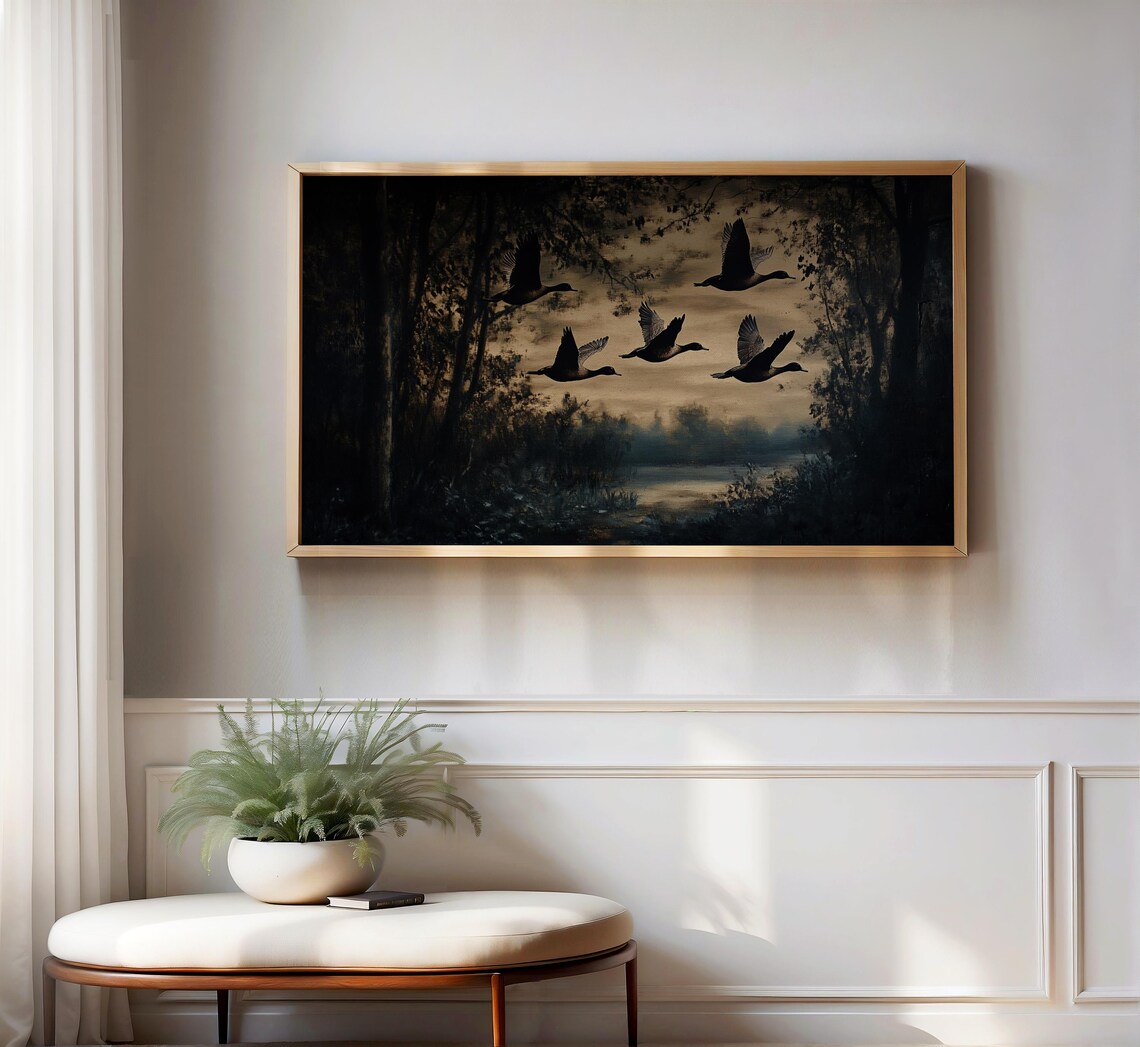 Dark Moody Flying Ducks Silhouette At Night Forest Lake Wall Art Poster - Image 3