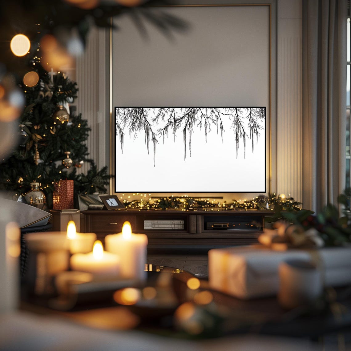 Icicles Hanging From Top Branches Winter Ink Drawing Frame TV Poster - Image 3