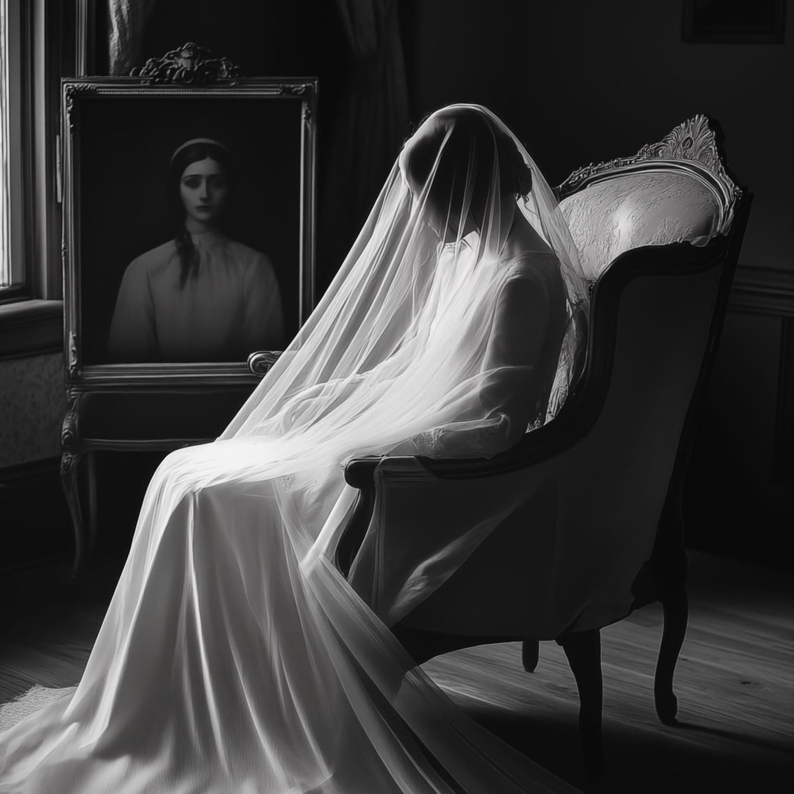 Ghostly Bride In Veil Seated In Gothic Victorian Room Poster - Image 4