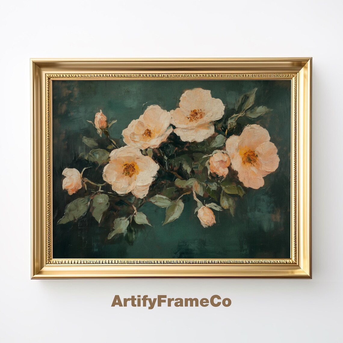 Cream Wild Roses With Buds On Dark Green Vintage Botanical Art Print