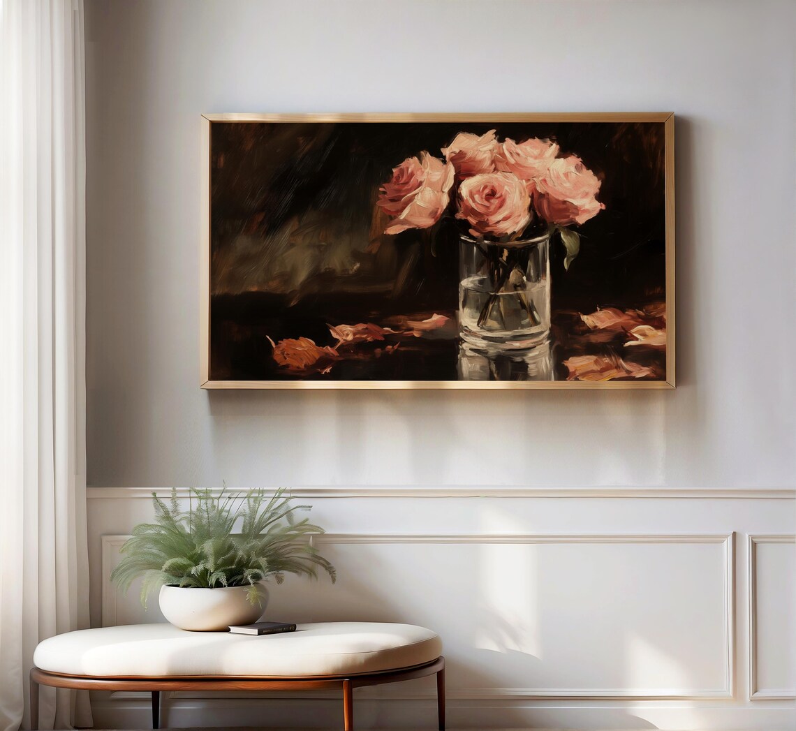 Pink Roses Glass Vase Dark Romantic Floral Oil Painting Poster - Image 3