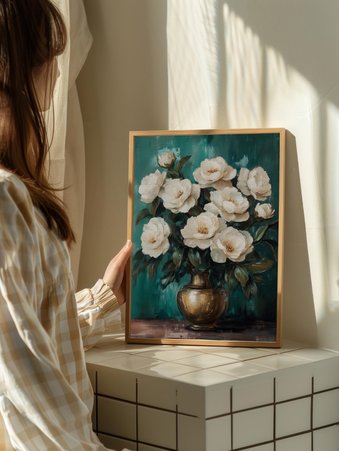 White Peonies Bronze Vase Emerald Green Still Life Oil Painting Poster - Image 2
