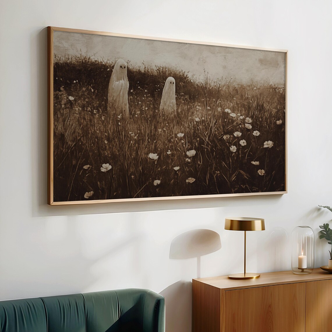 Two Ghosts in a Dark Wildflower Meadow Sepia Vintage Halloween Wall Art - Image 4
