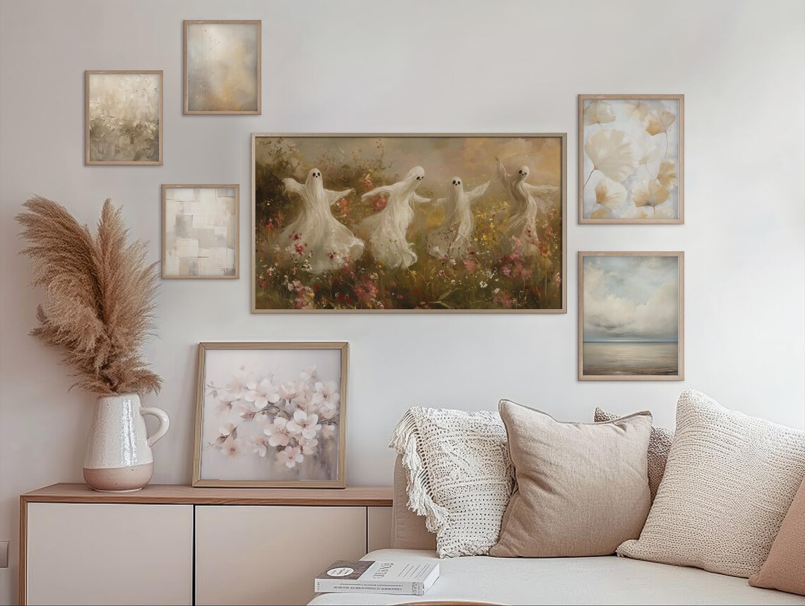 Dancing Ghosts in a Wildflower Field Golden Hour Vintage Halloween Wall Art - Image 2