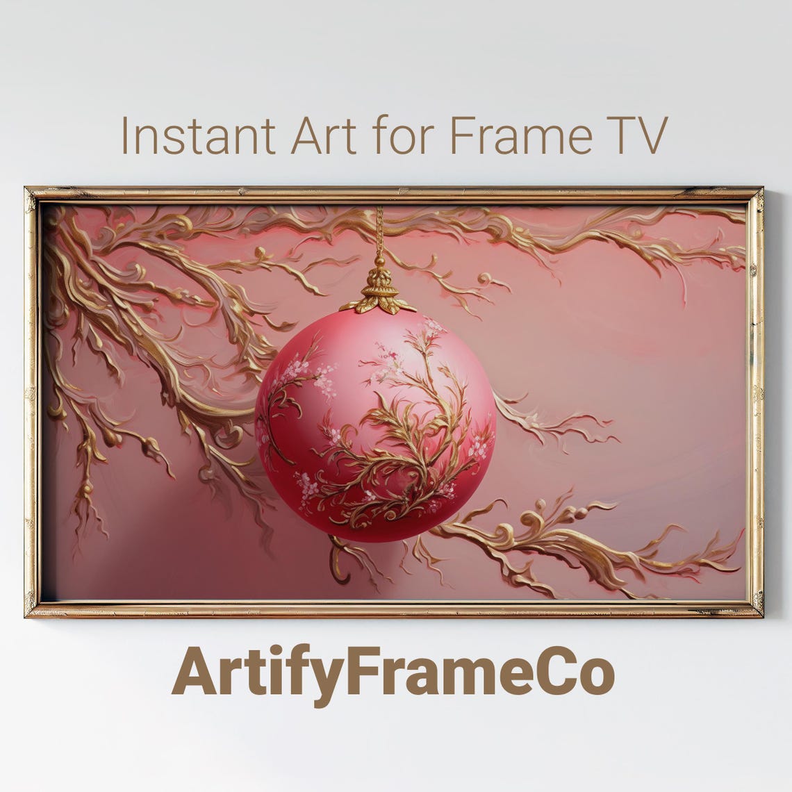 Pink Christmas Bauble With Gold Branches Textured 3D Art Frame Poster