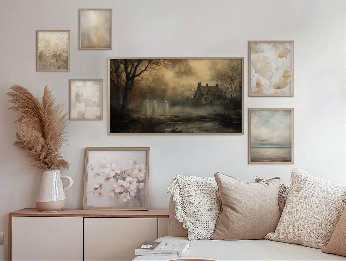 Three Ghosts by a Misty Pond in Autumn Vintage Moody Halloween Wall Art - Image 2
