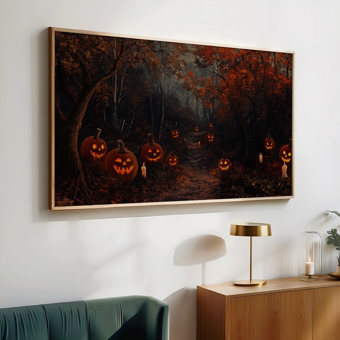 Glowing Jack O Lanterns Lighting a Dark Forest Trail Halloween Scene Wall Art - Image 4