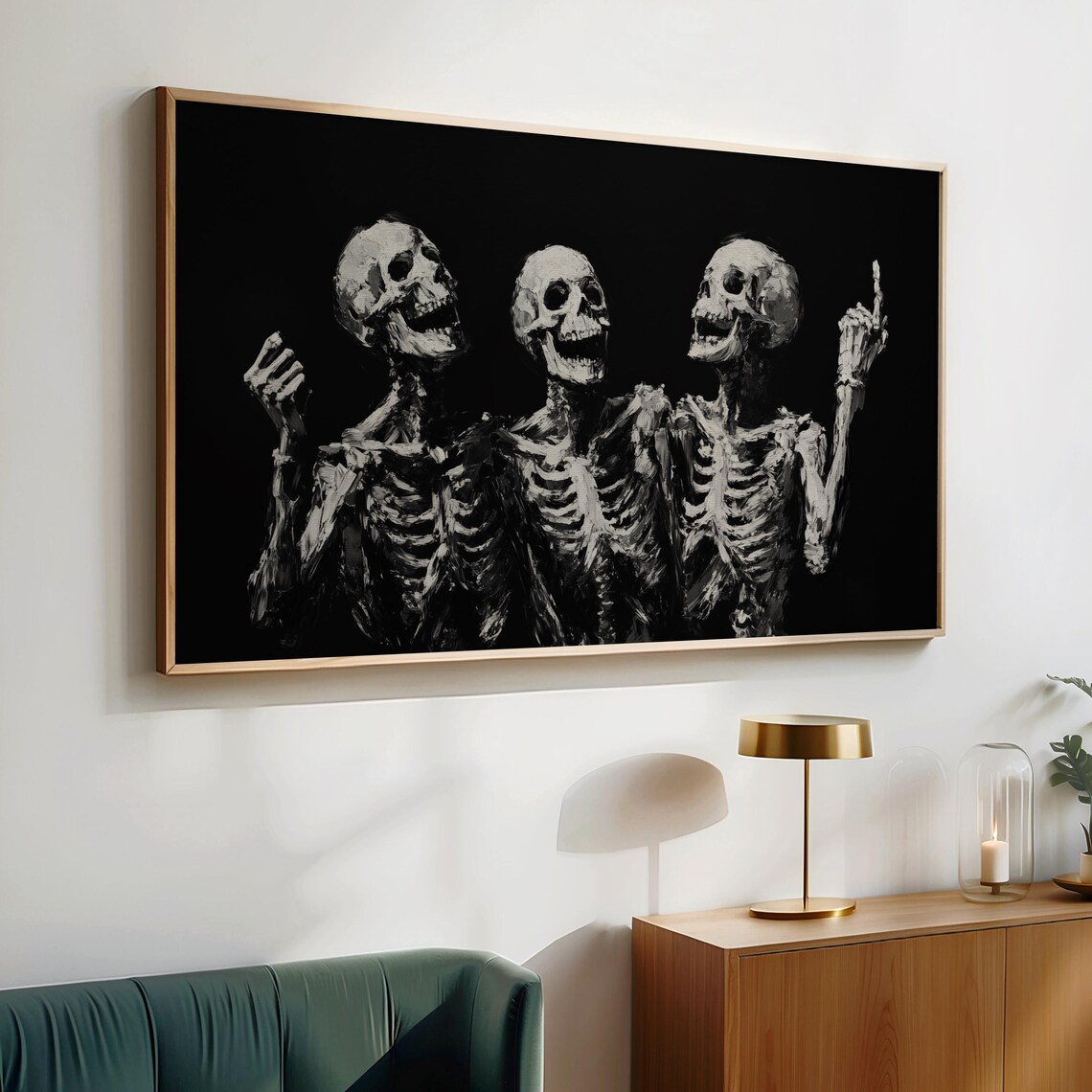Skeleton Trio in Black and White Minimalist Monochrome Halloween Wall Art - Image 4