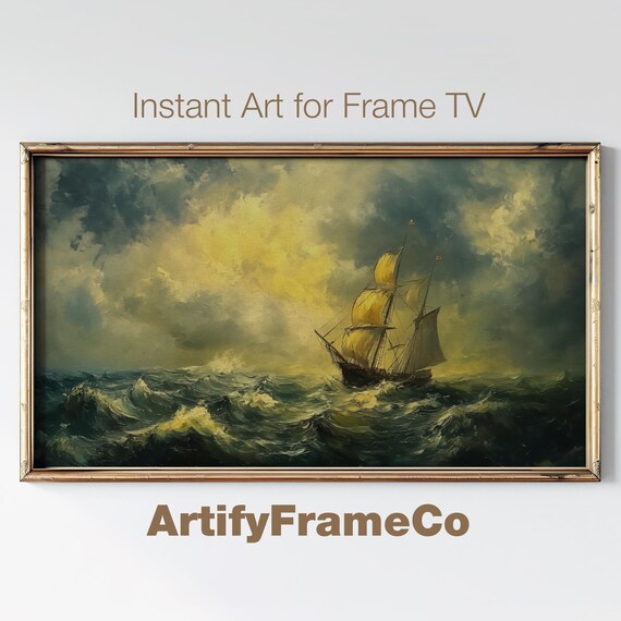 Frame Tv Art Vintage Stormy Sea Nature Painting Rustic Dark Seascape Oil Painting Moody Coastal Decor Nautical Artwork Tv0055