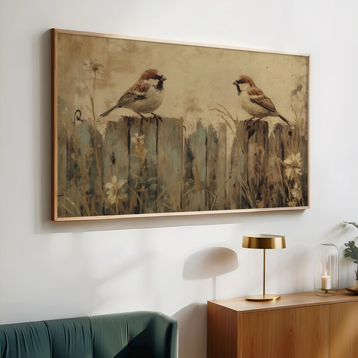 Two Sparrows Perched On Weathered Wooden Fence Wildflowers Vintage Art Print - Image 2