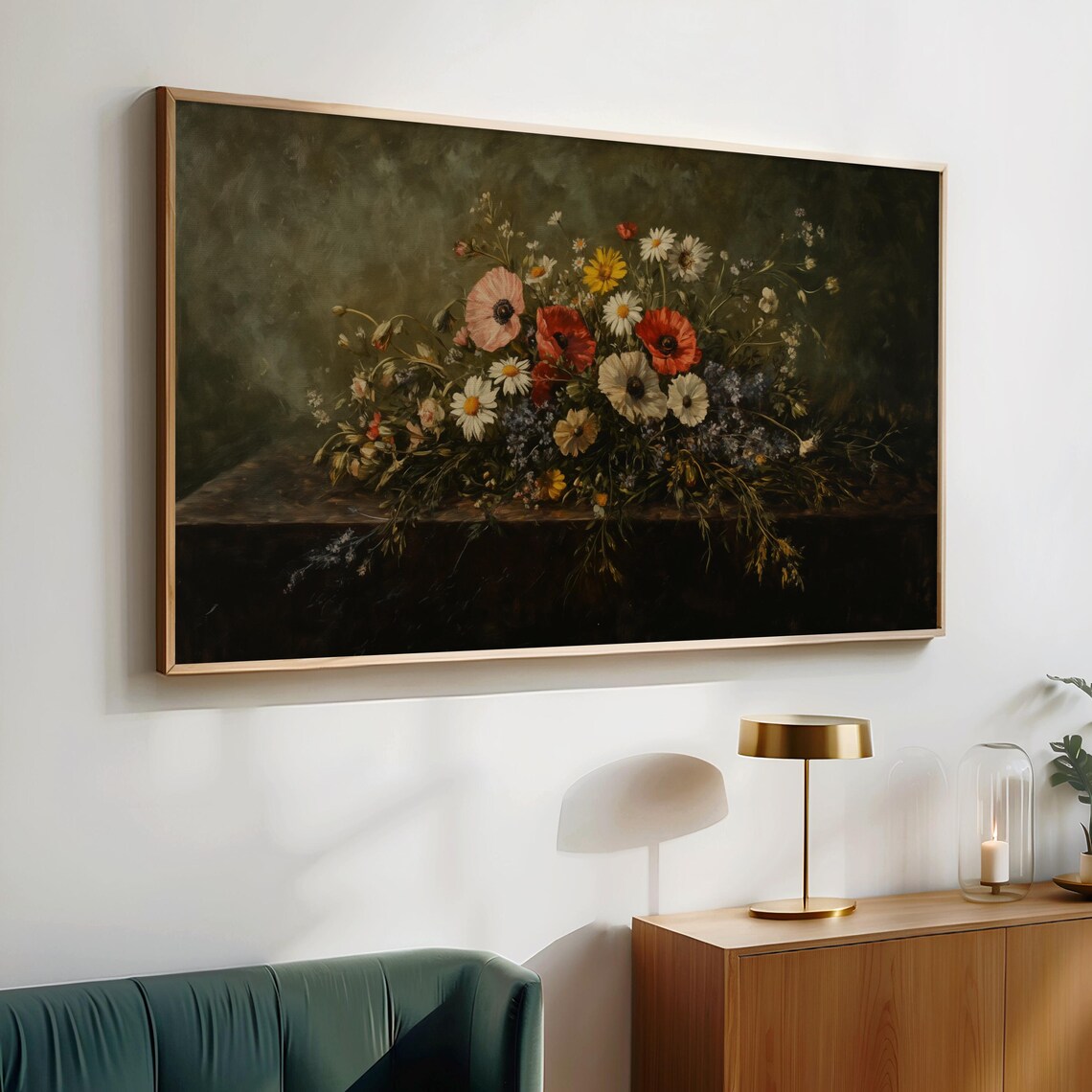 Antique Wildflower Bouquet Poppies Daisies Dark Frame TV Art Poster - Image 2