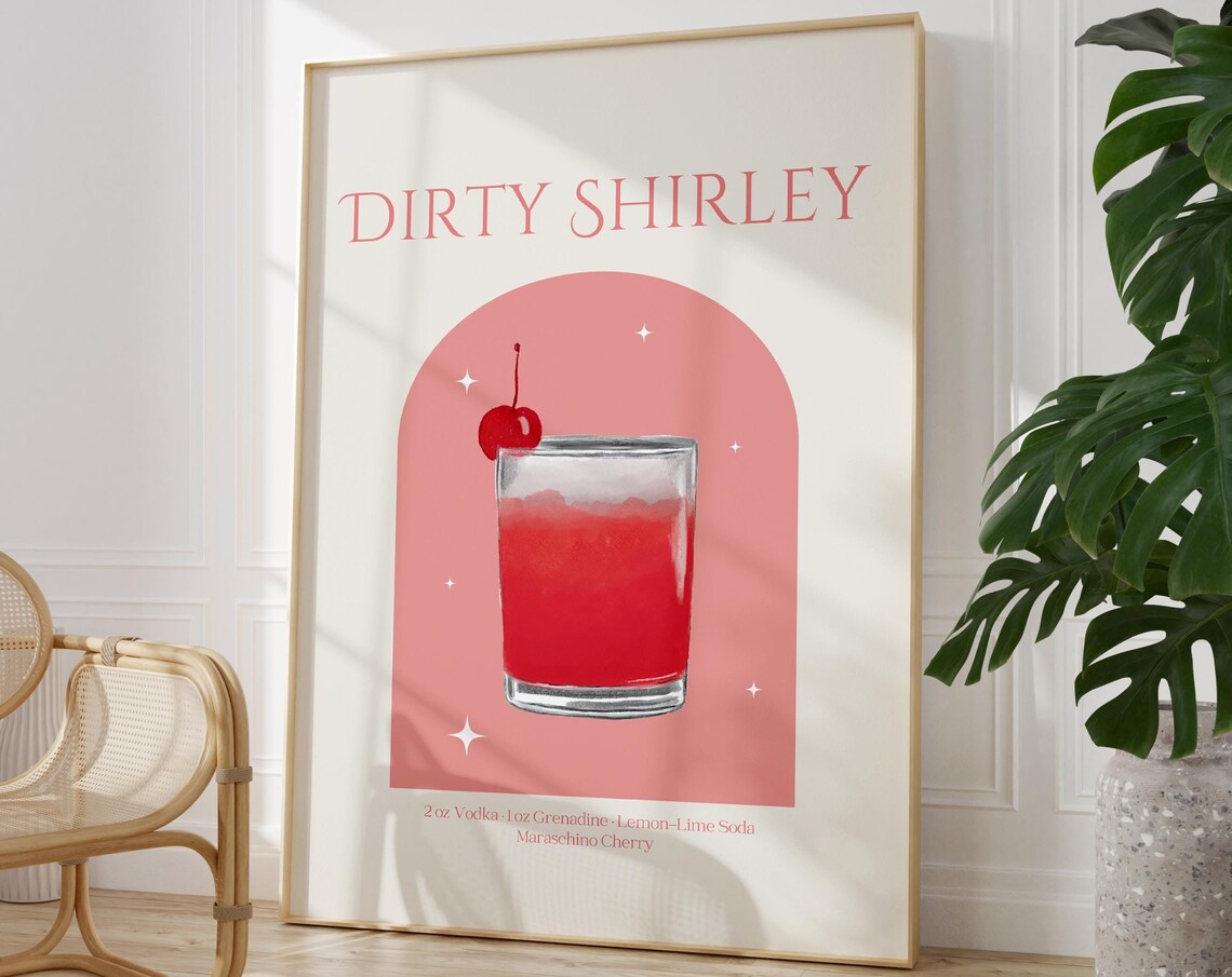Dirty Shirley Cocktail Recipe Pink Arch Cherry Watercolor Poster