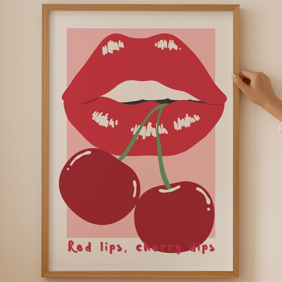 Red Lips Cherry Dips Pop Art Poster for Pink Coquette Room Decor