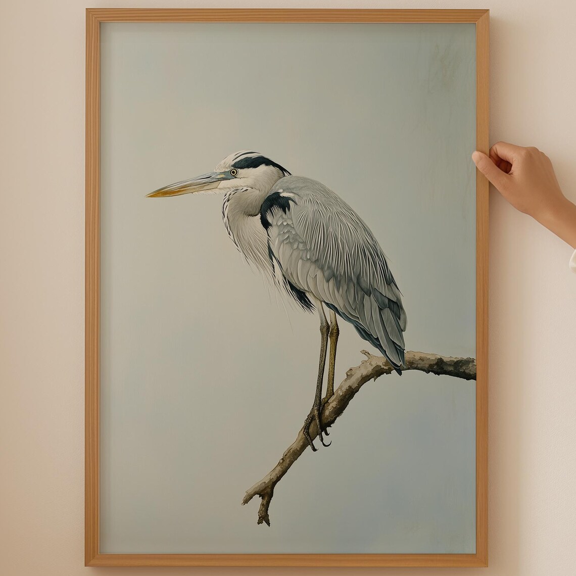 Great Blue Heron Perched on Branch Realistic Bird Wildlife Art Poster