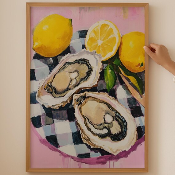 Italian Oyster Lover Wall Art Pink Lemon Print For Dopamine Kitchen Decor Trendy Fish Poster Fisherman Room