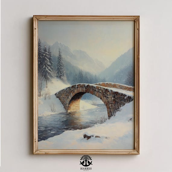 Moody Winter Bridge Landscape Vintage Stone Over Icy River Rustic Scenery Art Wall Decor 381