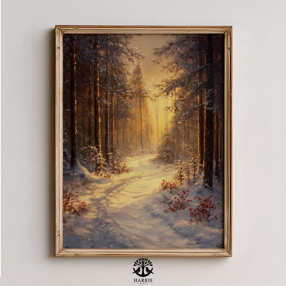 Moody Snowy Forest Path With Warm Light Rustic Winter Landscape Vintage Cozy Decor Wall Art 482