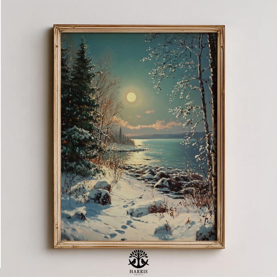 Vintage Moonlit Winter Landscape Cozy Night Scene Art Rustic Snowy Stream Moody Decor 451