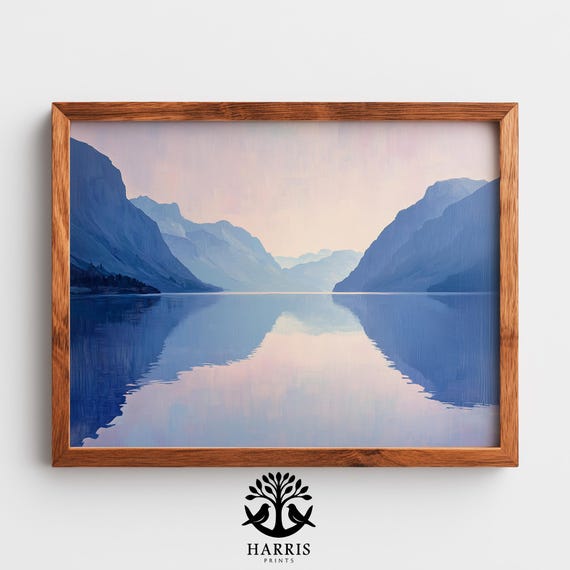 Moody Coastal Fjord Landscape In Serene Painting Cool Pastel Water Minimalist Mountain Art 404