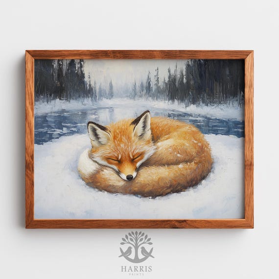 Winter Fox On Frozen Lake Cozy Rustic Wildlife Art Moody Nature Painting Cabin Decor Wall 522