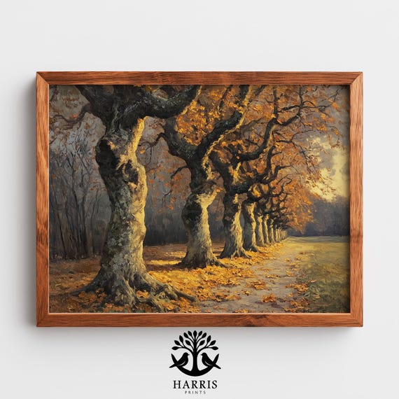 Rustic Autumn Trees Wall Art Moody Gnarled Chestnut Painting Vintage Landscape Dramatic Fall Decor 344