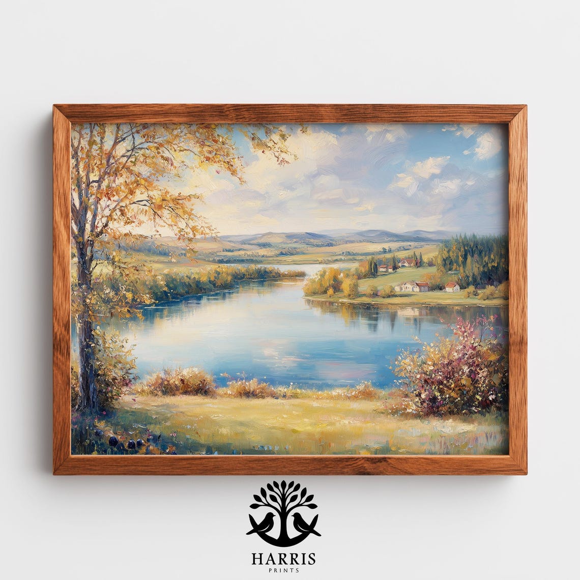 Autumn Lake Scene Rustic Fall Landscape Art Cozy Earthy Trees Vintage Pastoral Decor Painting 406