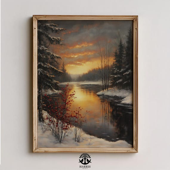 Moody Winter River Scene In Evergreen Forest Rustic Landscape Painting Cozy Vintage Wall Art 473