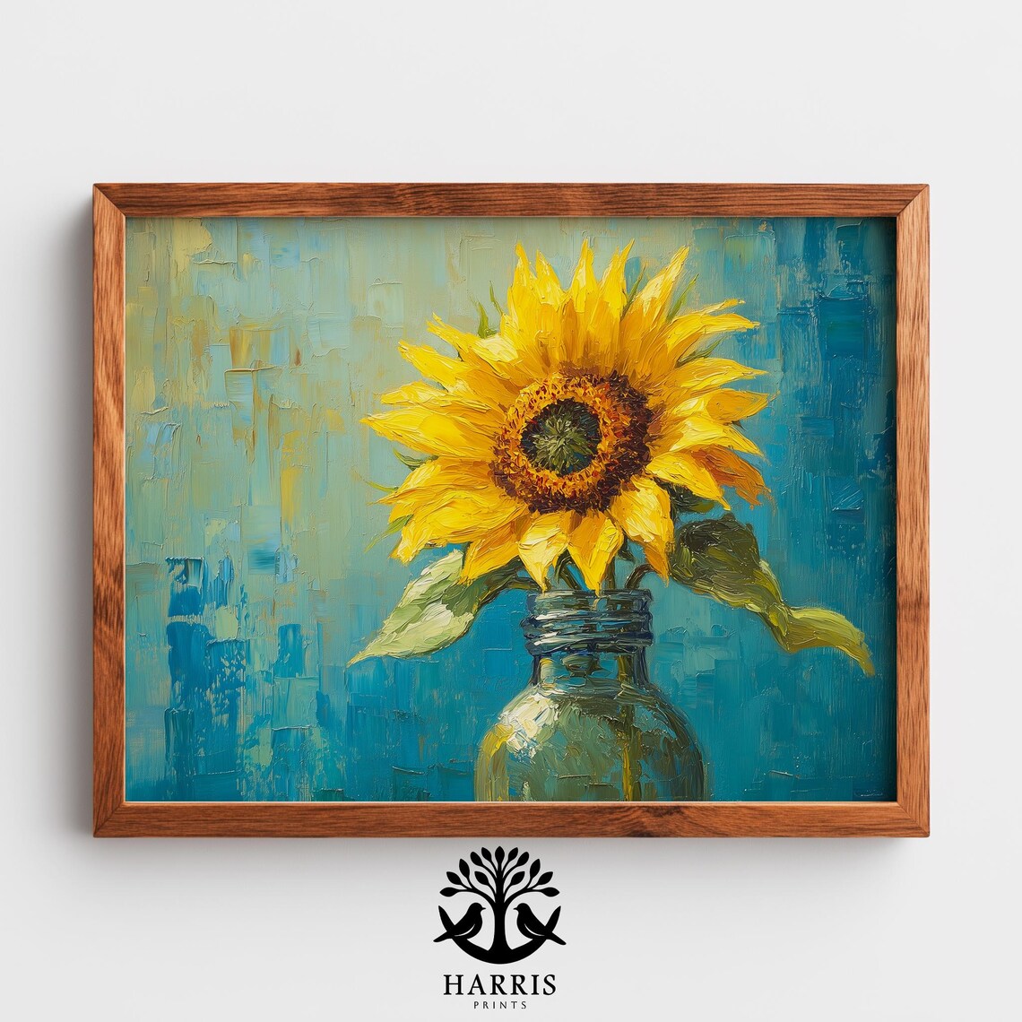 Bright Sunflower in Glass Jar Teal Background Oil Painting Wall Art