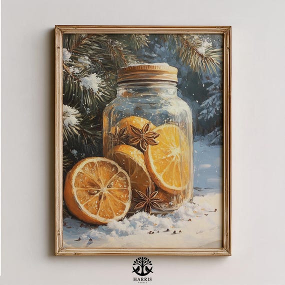 Rustic Winter Stilllife Art Cozy Seasonal Glass Jar With Dried Citrus Star Anise Festive Decor Print 300