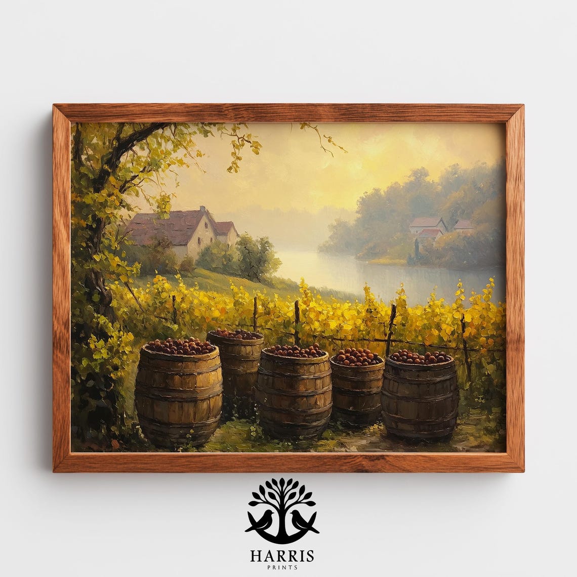 Vineyard Harvest Wine Barrels Golden Sunset Countryside Art Print