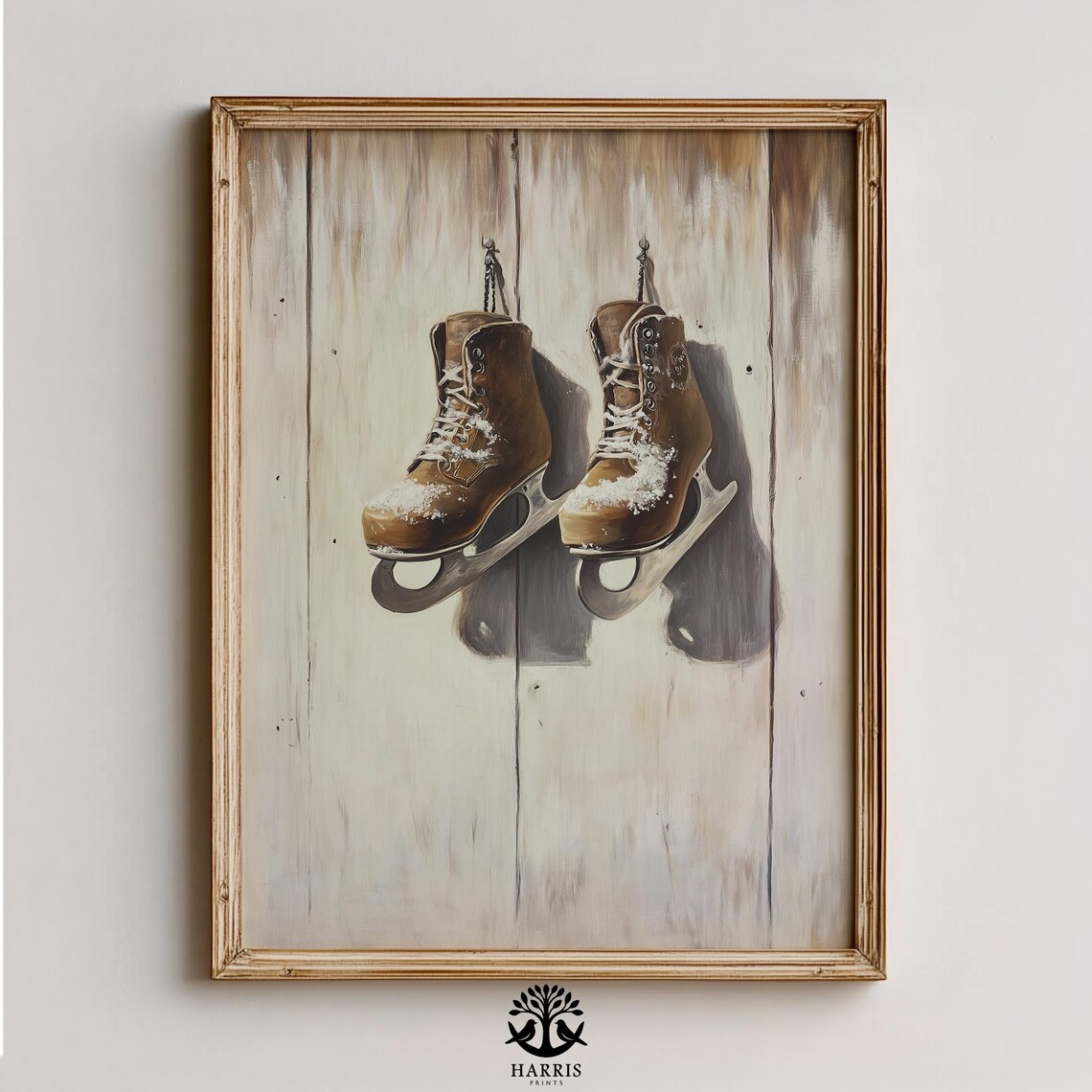Vintage Ice Skates Wooden Wall Snowy Winter Nostalgic Poster