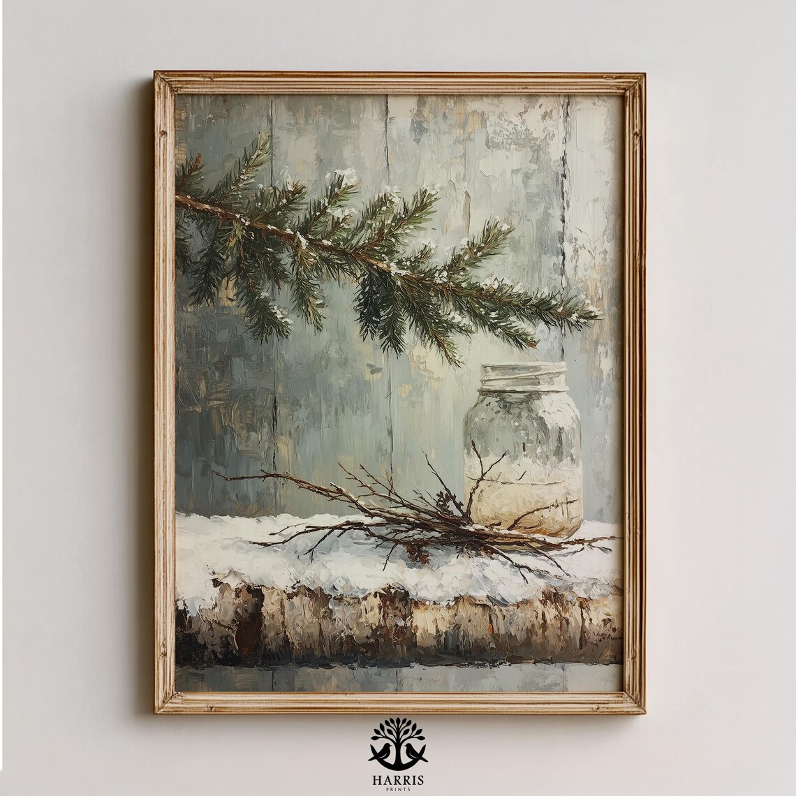 Winter Pine Branch in Snow with Mason Jar Rustic Still Life Poster