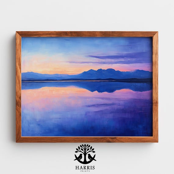 Moody Glassy Lake In Serene Sunset Landscape Art Dramatic Sky Reflection Earthy Pastel Colors Wall 306