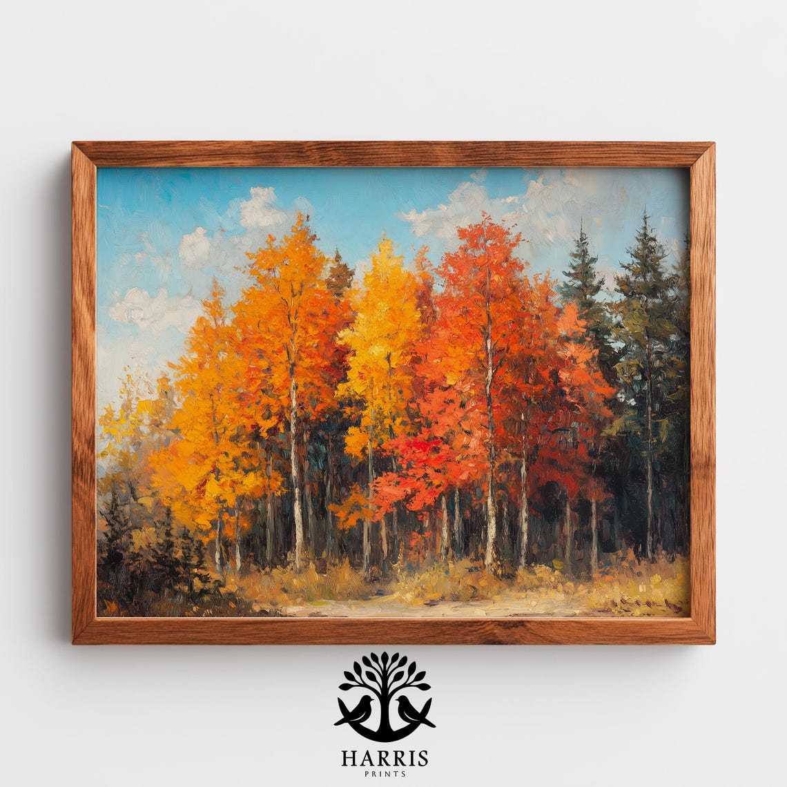Autumn Forest Edge Painting Rustic Fall Landscape With Vibrant Foliage Cozy Farmhouse Decor Countryside Wall Art 261