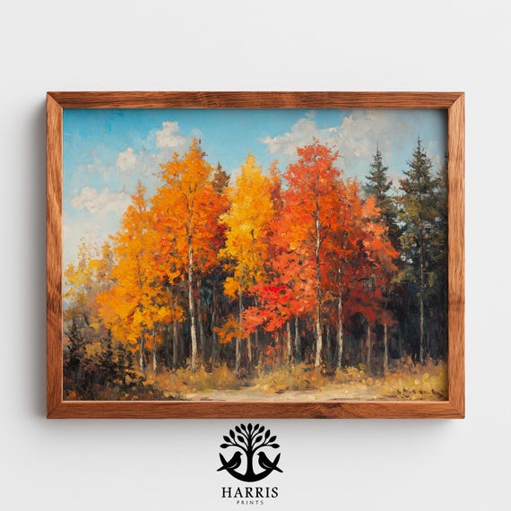 Autumn Forest Edge Painting Rustic Fall Landscape With Vibrant Foliage Cozy Farmhouse Decor Countryside Wall Art 261
