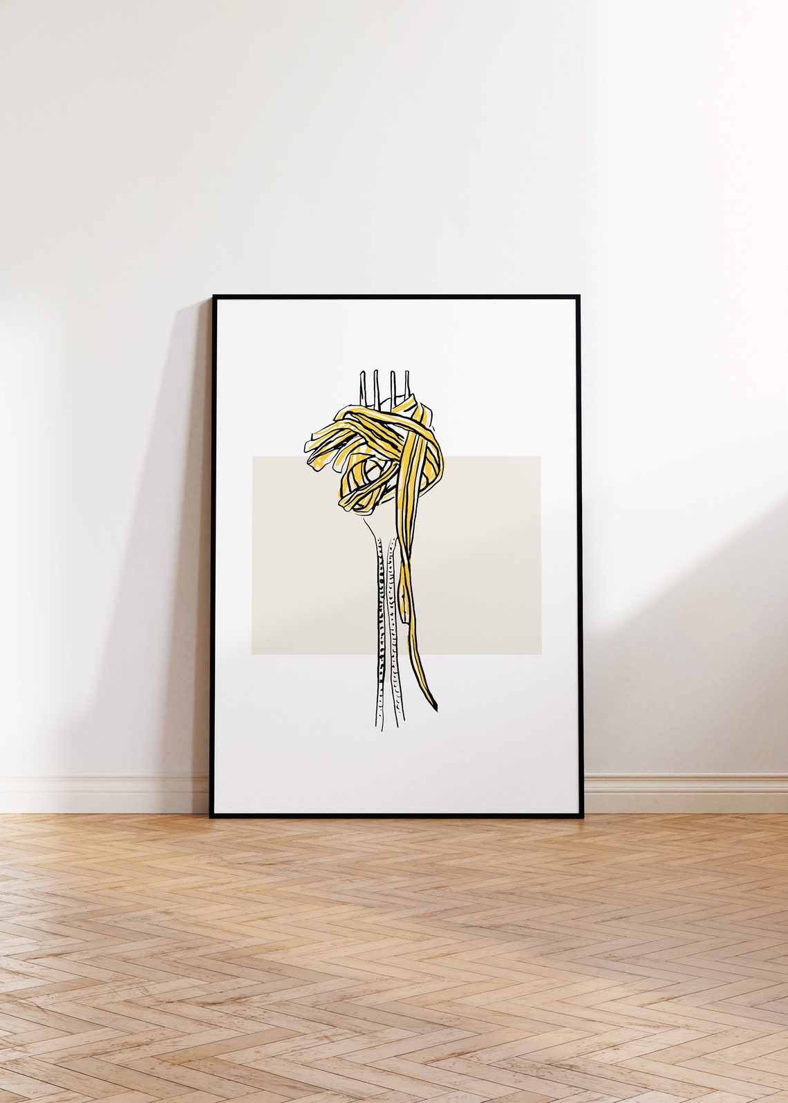 Spaghetti Twirl Fork Sketch Yellow Line Art Modern Kitchen Food Poster