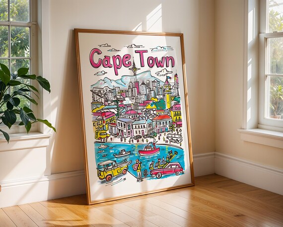 Cape Town South Africa Table Mountain Colorful Cityscape Travel Poster
