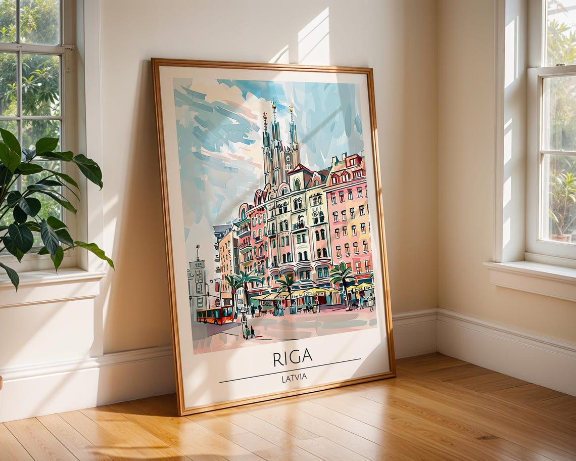 Riga Latvia Pastel Watercolor Old Town Cityscape Travel Poster