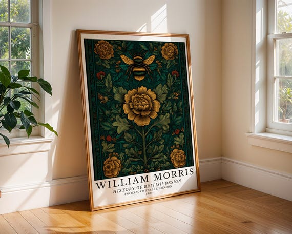William Morris Bee Rose Art Print Vintage Arts And Crafts Floral Wall Poster In Deep Teal Gold Botanical Style Cottage Bedroom