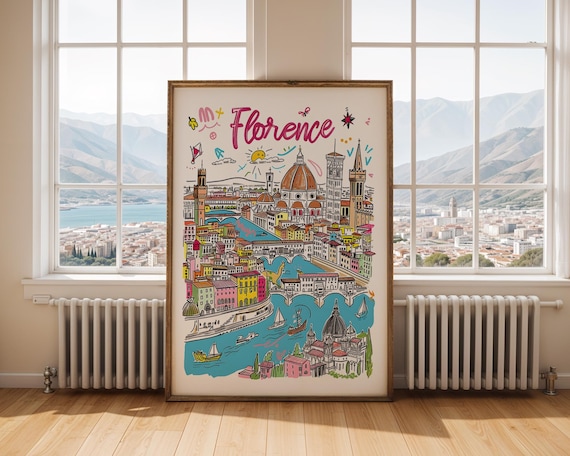 Florence Italy Arno River Hand Drawn Colorful Travel Illustration Poster