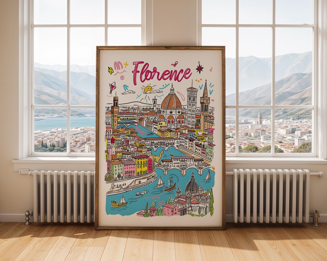 Florence Italy Arno River Hand Drawn Colorful Travel Illustration Poster