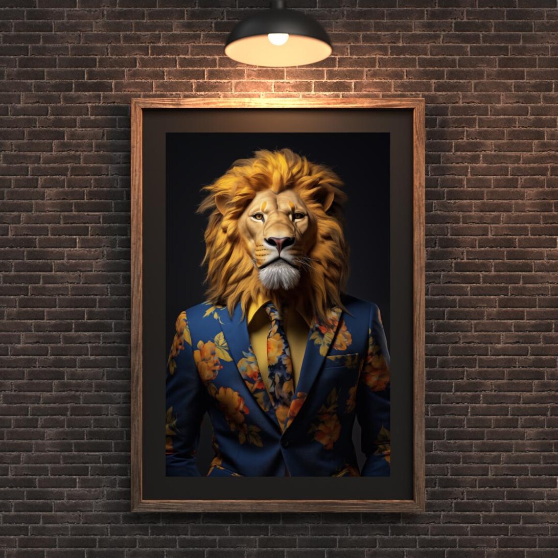 Lion in Bold Floral Suit, Quirky Safari Art Print