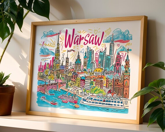 Warsaw Poland Colorful Doodle Cityscape Lively Riverfront Poster